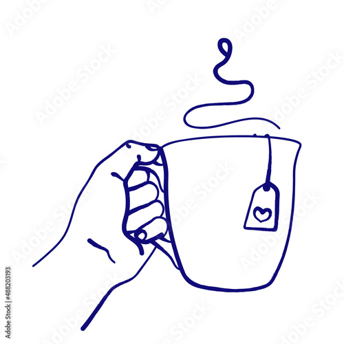 Female hand holds out large cup with tea. Sketch, linear drawing isolated on white background. Hand holding mug with hot beverage. Morning cup of hot tea. Doodles drawn with ink or ballpoint pen