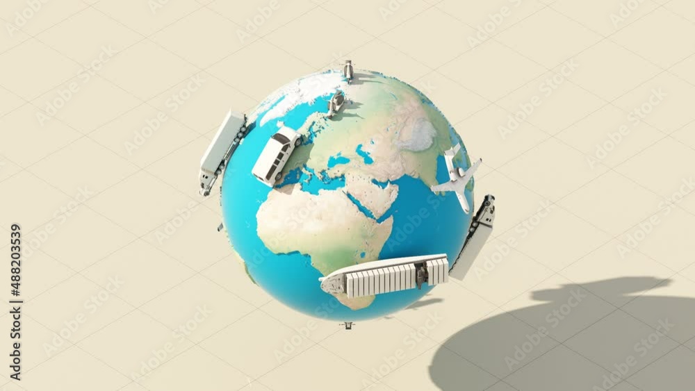 The earth world map by International and Domestic Shipping With scooters, vans, trailers, trucks, large cargo ships and planes. with sphere globe earth on blue sea 3D render isometric animation looped