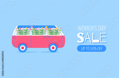 Spring retro car with flowers about women's day sale. For three colours: pink, blue and green.