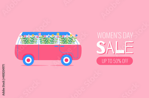 Spring retro car with flowers about women's day sale. For three colours: pink, blue and green.