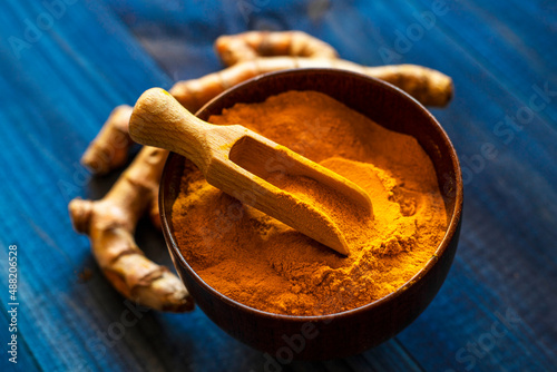 turmeric powder and root. Food spice concept