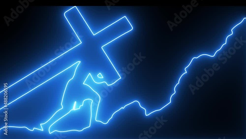 Animation of Jesus Christ carrying the cross going up the mount of Calvary. Jesus suffering carrying the cross on his back. suffering of Christ