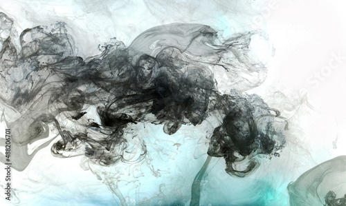 Dark smoke on white ink background, colorful fog, abstract swirling ocean sea, acrylic paint pigment underwater