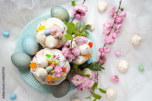 Light Easter. Easter cakes and eggs with flowers. sakura  spring blooming
