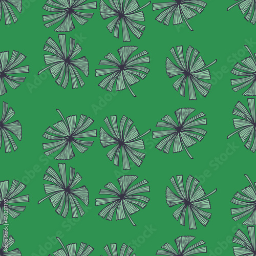Fan palm leaves seamless pattern on. Vintage foliage of palmetto in engraving style.