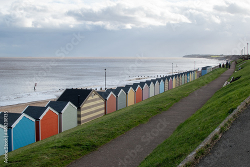 Beach huts on the promenade at Gorleston-on-sea in Norfolk, UK photo