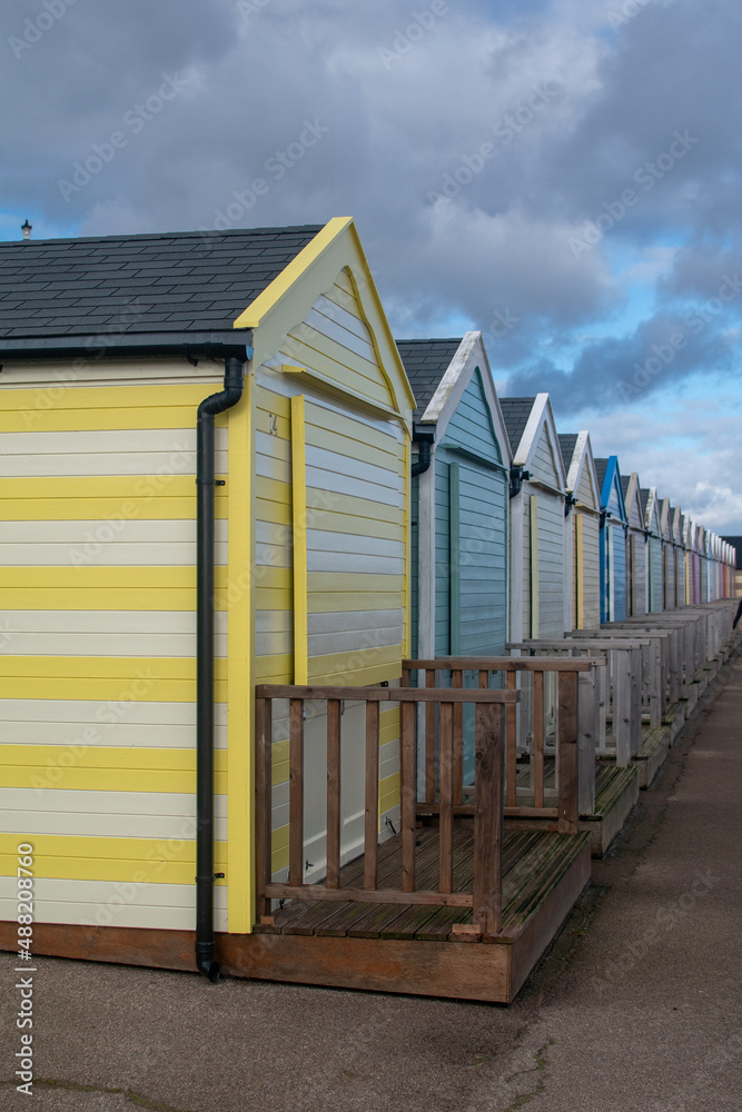 Beach huts on the promenade at Gorleston-on-sea in Norfolk, UK Beach huts on the promenade at Gorleston-on-sea in Norfolk, UK