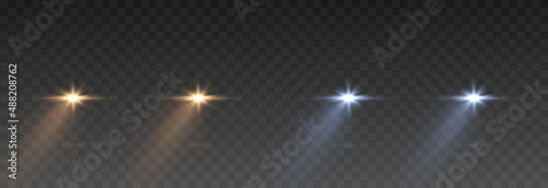 Vector light from headlights PNG. Light from car headlights on an isolated transparent background. Round headlights, gold and blue light PNG. Road lighting. PNG.