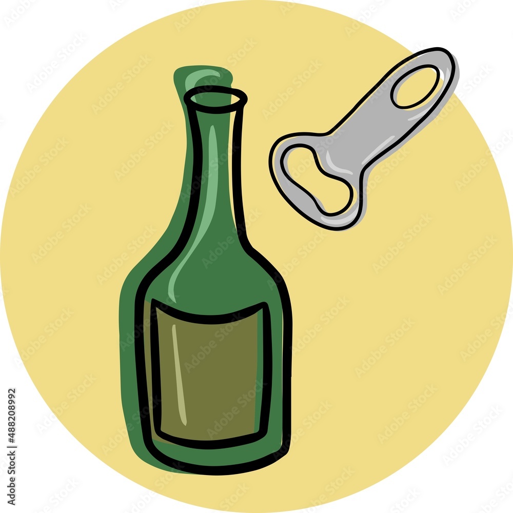 Green bottle with a drink and a metal bottle opener, beer and beer drinks, lemonades, menu card, vector Green bottle with a drink and a metal bottle opener, beer and beer drinks, lemonades, menu card, vector