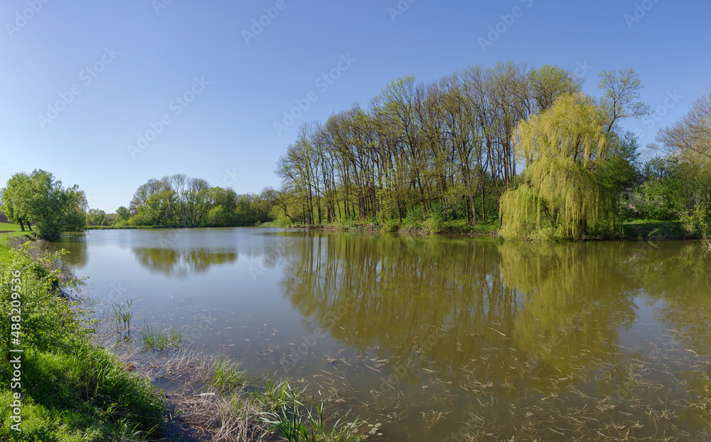 Obraz premium Pond in springtime, Podilski Tovtry National nature park, Khmelnytskyi region, Ukraine