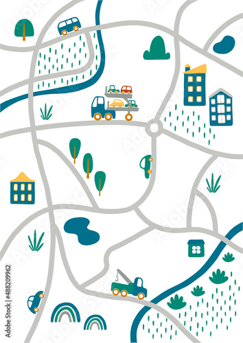 Cute road map for kid's room. Hand drawn vector illustration: vehicles, houses, plants and others. Nursery concept for wallpaper, bedding, poster, print.