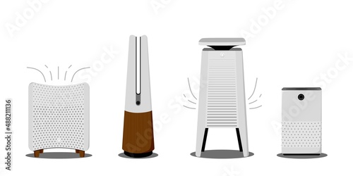 Air purifiers and humidifiers set. Home devices for air filtration. Vector illustration in a flat style