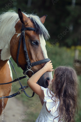 little caucasian girl with a horse at the horse farm in the forest in summer
