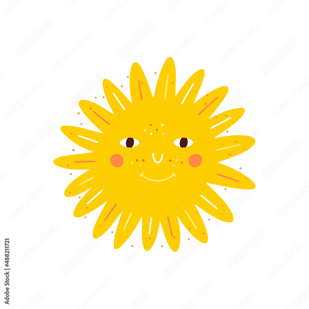 Vector abstract shapes with cute sun on a white background. Children's illustration. Cartoon style.