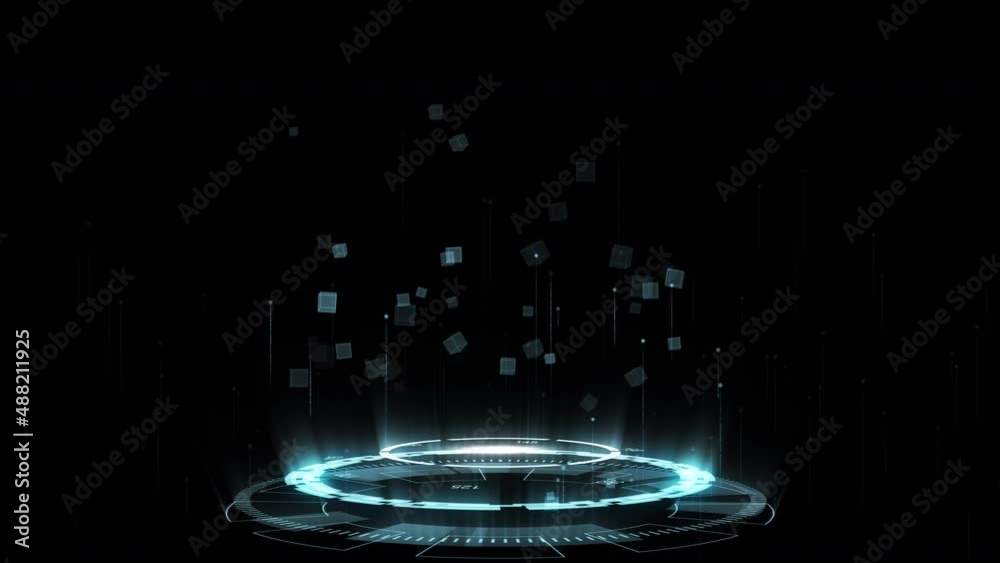 Motion graphic of Blue futuristic circle rotation with cube icon levitation on abstract background technology and metaverse concept