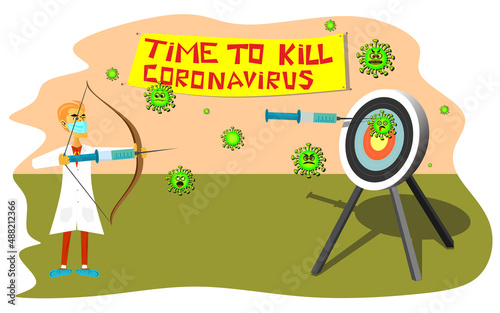 Vaccination concept design. Time to kill coronavirus banner. COVID-19 and flu vaccinations to protect you and your family