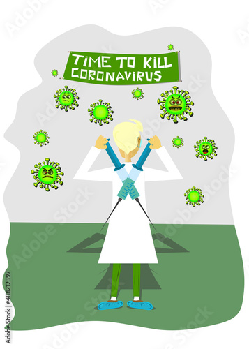 Vaccination concept design. Time to kill coronavirus banner. COVID-19 and flu vaccinations to protect you and your family