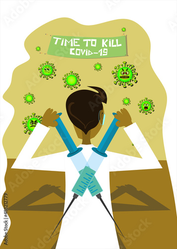 Vaccination concept design. Time to kill covid-19 banner. COVID-19 and flu vaccinations to protect you and your family