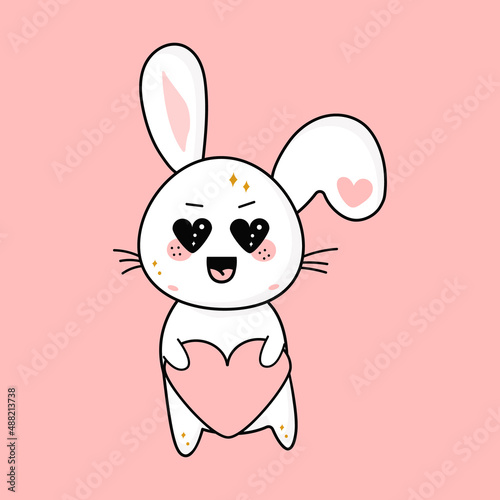 Cute kawaii rabbit with a heart in his hand, mascot, cute cartoon vector character. photo