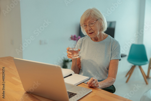 Senior woman looking at laptop screen indoors © Kostiantyn