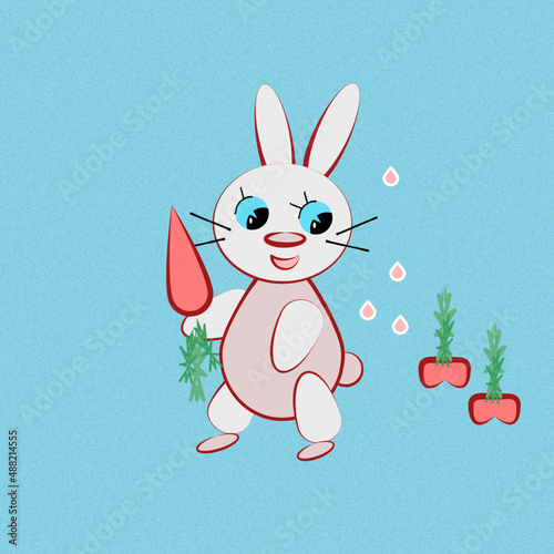 Pink bunny with a carrot on a blue background for children's illustration.