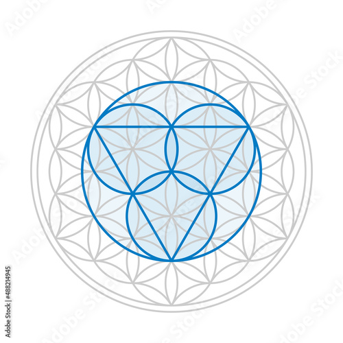 Blue trinity symbol, three circles for the Father, the Son Jesus Christ, and the Holy Spirit, over a gray Flower of Life, a geometrical figure, with overlapping circles, forming a flower-like pattern.