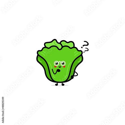 Cute funny green salad character. Vector hand drawn cartoon character illustration icon. Isolated on white background. Green salad character concept