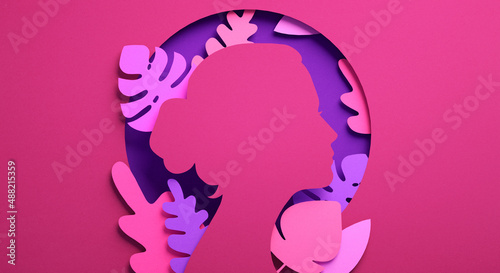 International Womens Day flyer with woman silhouette and floral ornaments in paper cut 3D illustration. Girl face poster for feminism, independence, empowerment and women rights