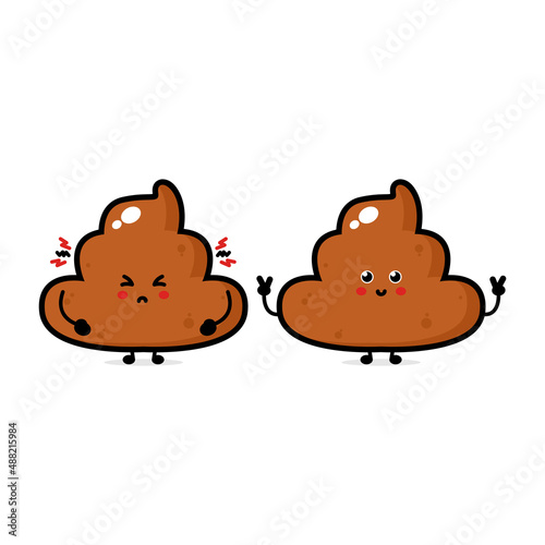 Cute funny smile happy and sad poop set collection. Vector hand drawn cartoon character illustration icon. Isolated on white background. Funny cartoon poop, shit mascot character bundle concept