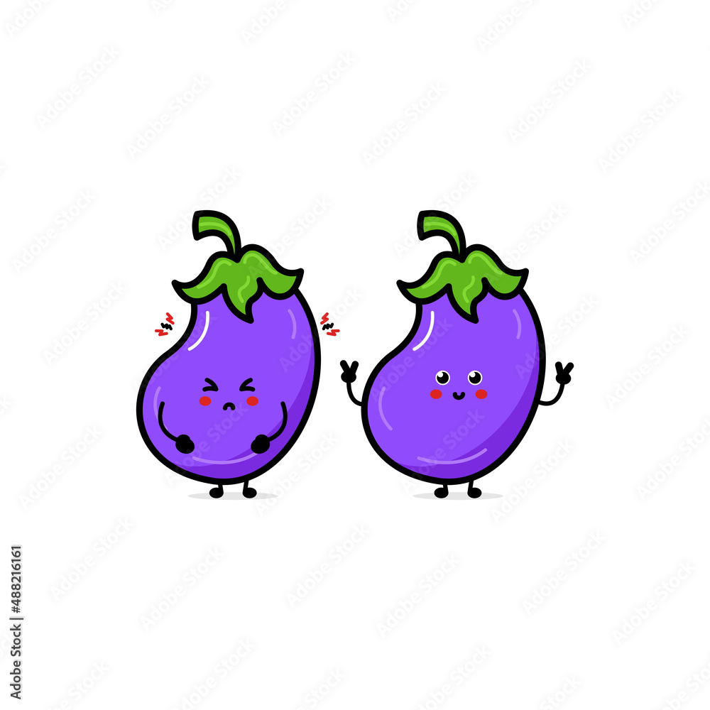 Cute happy eggplant characters. Vector flat illustration isolated on white background. Doodle character cartoon eggplant Vegan vector icon. Vegetarian healthy food. Funny cartoon character.