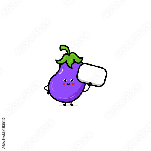 Cute happy eggplant characters. Vector flat illustration isolated on white background. Doodle character cartoon eggplant Vegan vector icon. Vegetarian healthy food. Funny cartoon character.