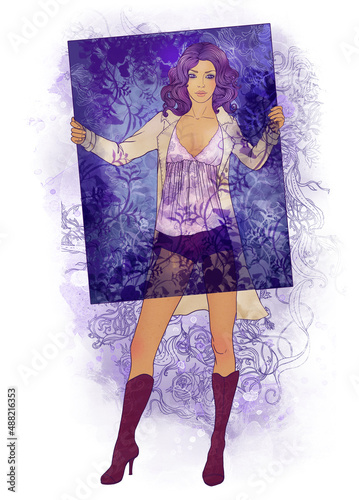 Beautiful young woman holding a patterned frame