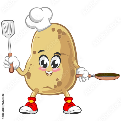 vector illustration of cute chef potato mascot carrying a frying pan with his spatula
