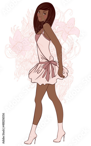 Young pretty african american girl on patterned background. Vector illustration.