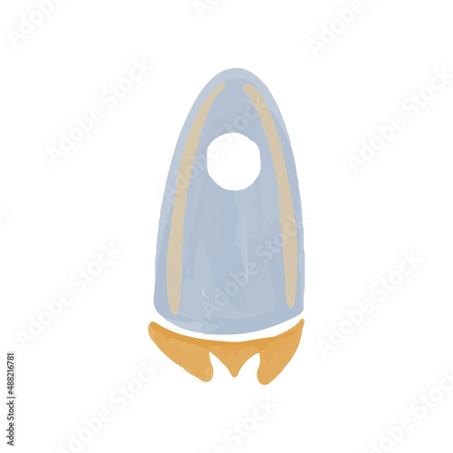Space objects hand drawn with watercolors in boho style. Vector illustration. Rocket painted with paints for children's design.