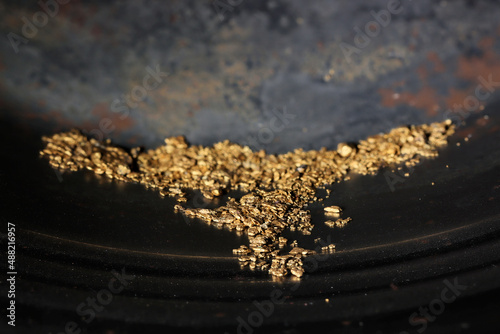 Photo hand panned river gold nuggets from Bulgaria in gold pan