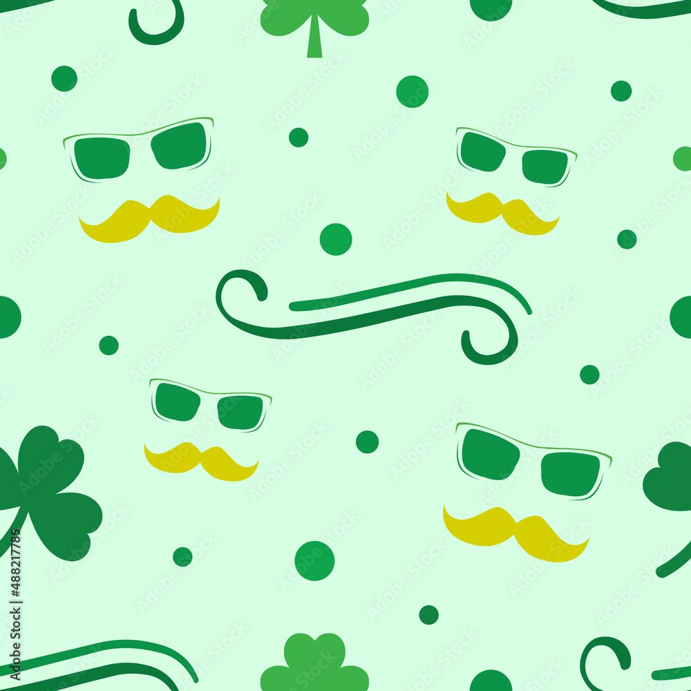 St. Patrick's day Seamless Pattern with iconic Symbol of face and Clover Leaf in light Green Background