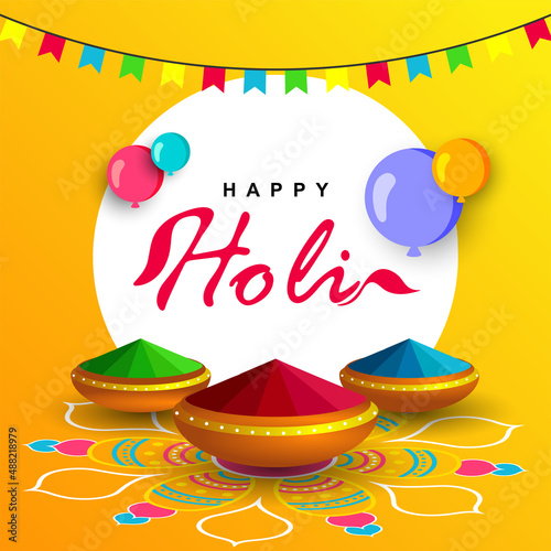 Colorful Holi Vector Illustration with water balloons and bowl full of colors on water shaped background
