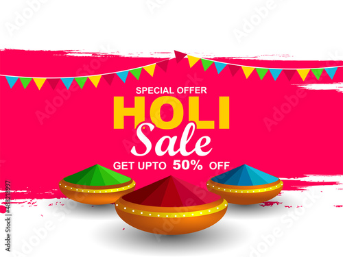 Colorful Holi Vector Illustration with bowl full of dry colors on pink background