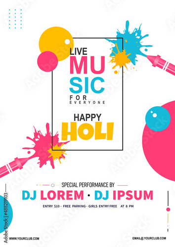 Colorful Holi party flyer design with water color guns on white background