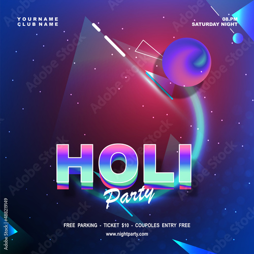 Holi party flyer design with neon effects on dark background