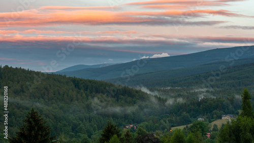 The Karkonosze hills shrouded in clouds