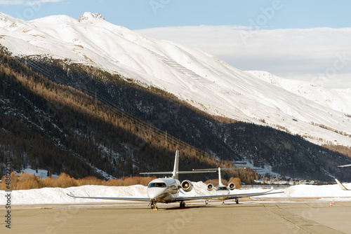 Private jets and aircrafts at the airport of Engadine St Moritz