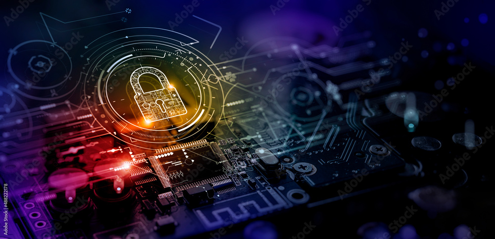 Cyber security.Digital padlock icon,Cyber security technology network data protection technology virtual dasboard.Online internet authorized access against cyber attack privacy business data concept.