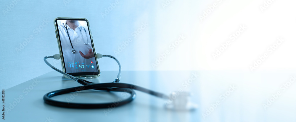 Tele medicine concept,Medical Doctor online communicating the patient on VR medical interface with Internet consultation technology