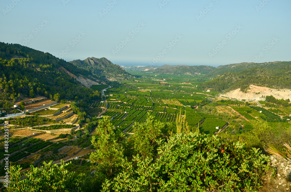 View of orange plantations on the Mediterranean coast of Spain between the mountains. On the horizon the Mediterranean Sea