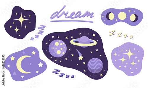 Set of dreams. Isolated elements with space illustration in purple colors. Flat vector design.