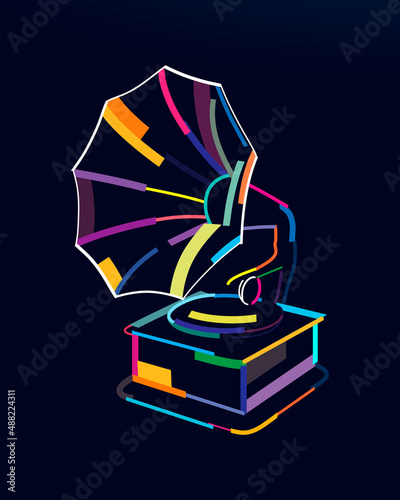 Abstract old vintage gramophone in retro style from multicolored paints. Colored drawing. Vector illustration of paints