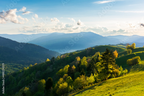 carpathian rural landscape in spring at sunset. trees on the grassy hills rolling in to the distant ridge in evening light. dynamic cloud formations on the sky. beautiful nature background