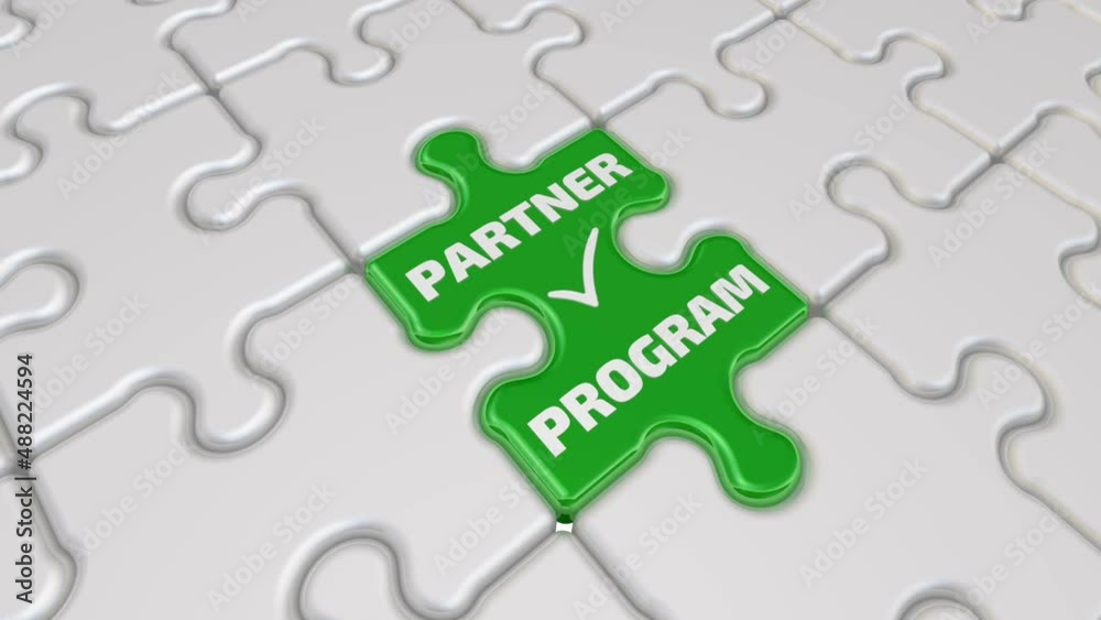 Partner program. Final piece of the puzzle. Folded white puzzles elements and one final green piece of the puzzle with text PARTNER PROGRAM and a check mark. Footage video Partner program. Final piece of the puzzle. Folded white puzzles elements and one final green piece of the puzzle with text PARTNER PROGRAM and a check mark. Footage video